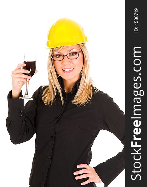 A businesswoman with a glass of wine