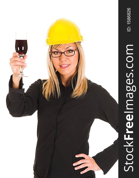 A businesswoman with a glass of wine