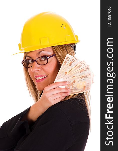 A businesswoman with earnings on white background