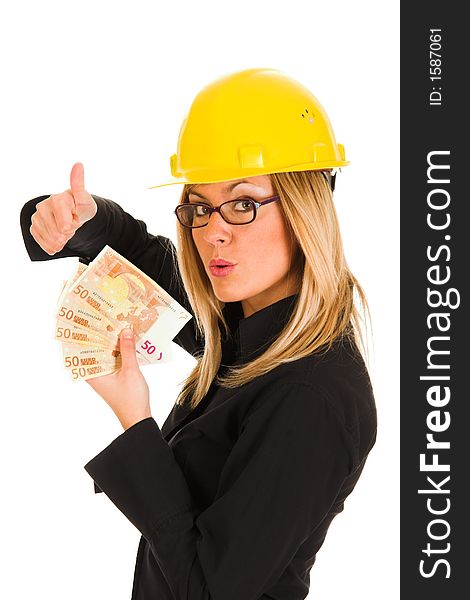 A businesswoman with earnings on white background