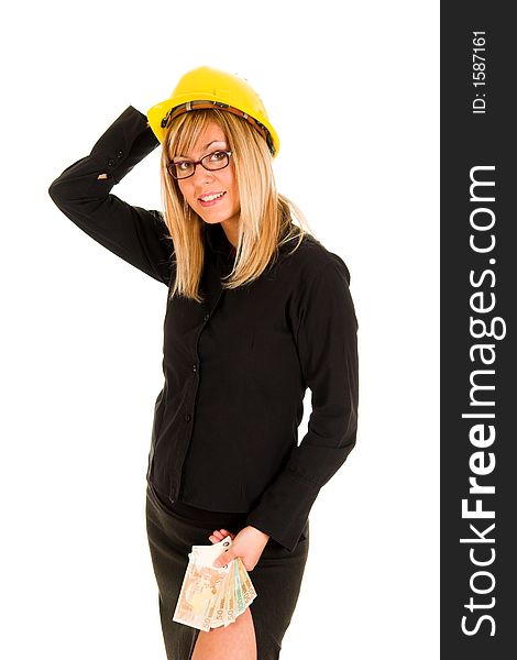 A businesswoman with earnings on white background