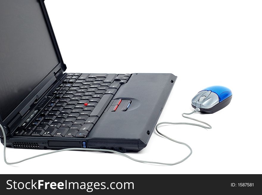 Black laptop with mouse on pure white background. Black laptop with mouse on pure white background