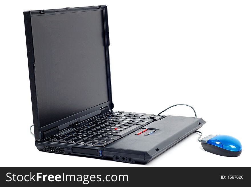 Black laptop with mouse on pure white background. Black laptop with mouse on pure white background