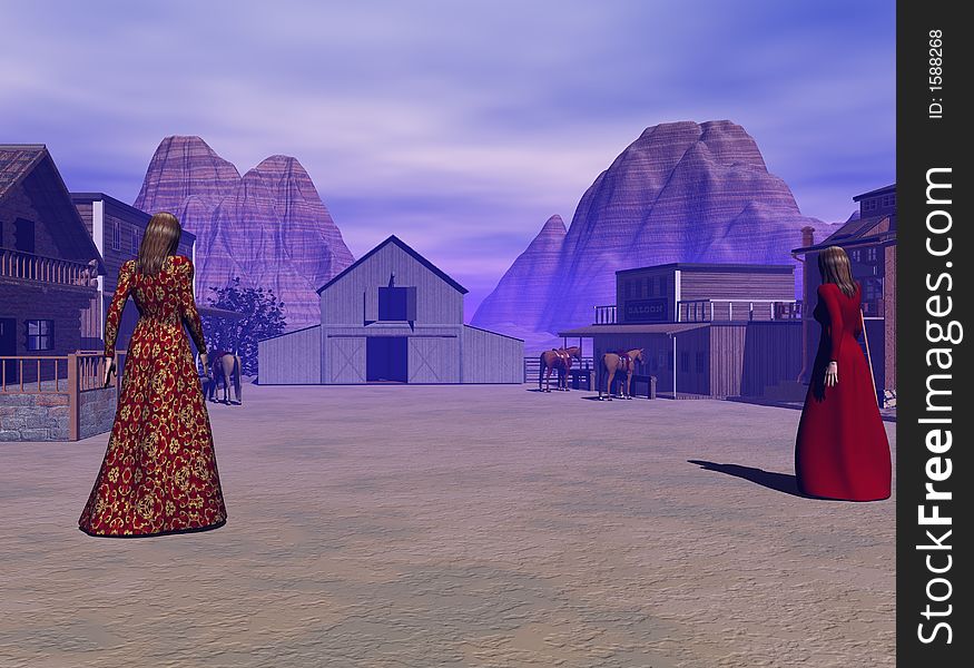 Two women stroll the street of this western settlement. Two women stroll the street of this western settlement.