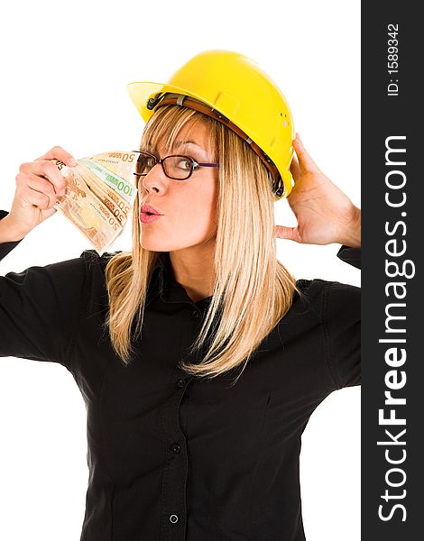 A businesswoman with earnings on white background