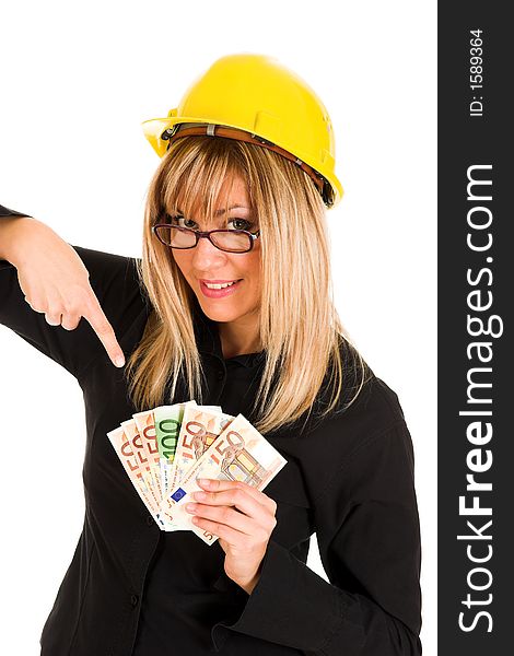 A businesswoman with earnings on white background