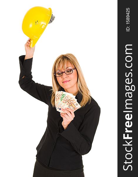 A businesswoman with earnings and happy hands raised with helmet