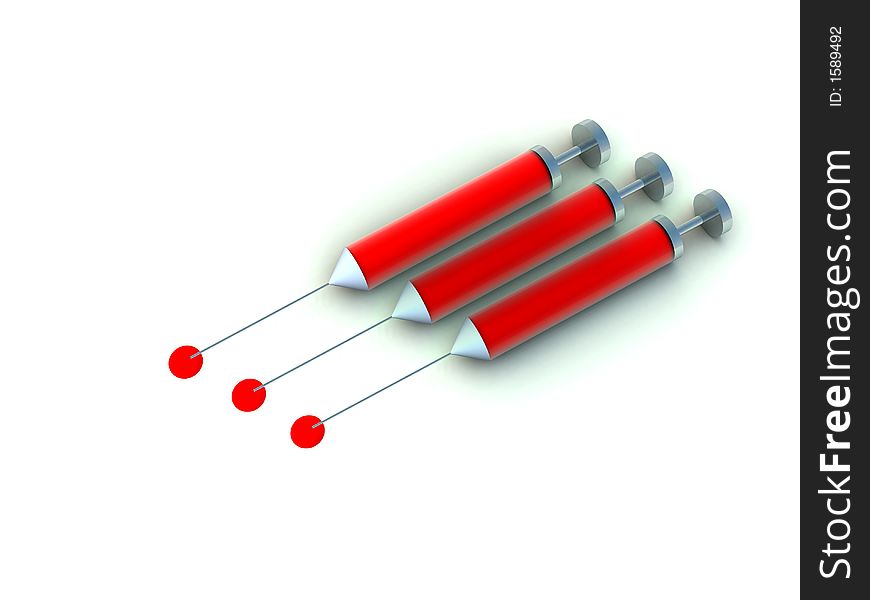 Three syringe's which is full of red blood. Three syringe's which is full of red blood.