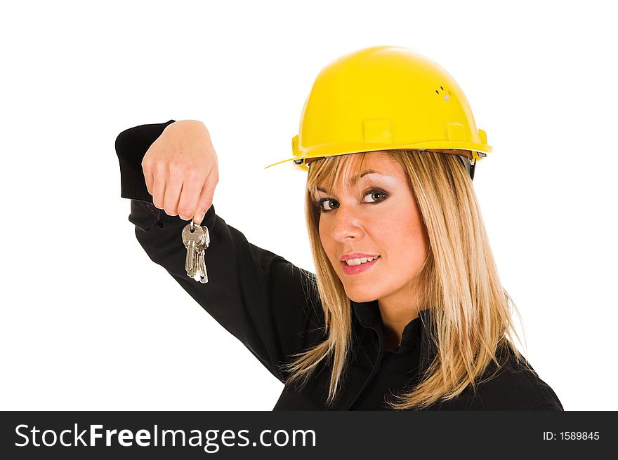 A businesswoman with keys on white background