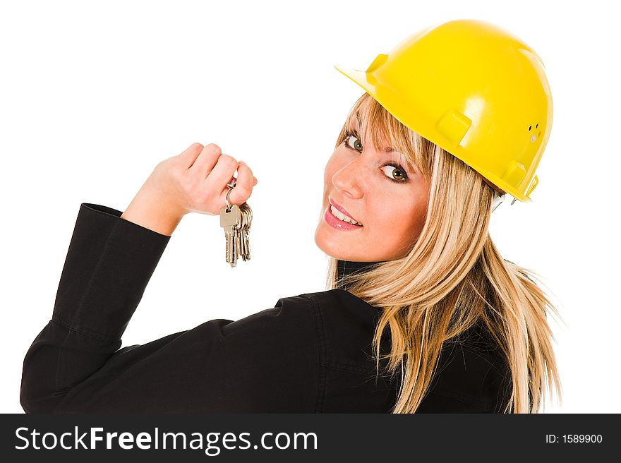 A businesswoman with keys on white background