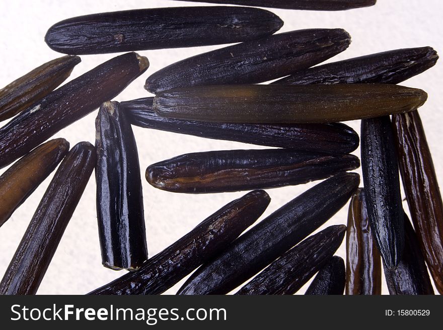 Macro of canadian wild rice grains on white background