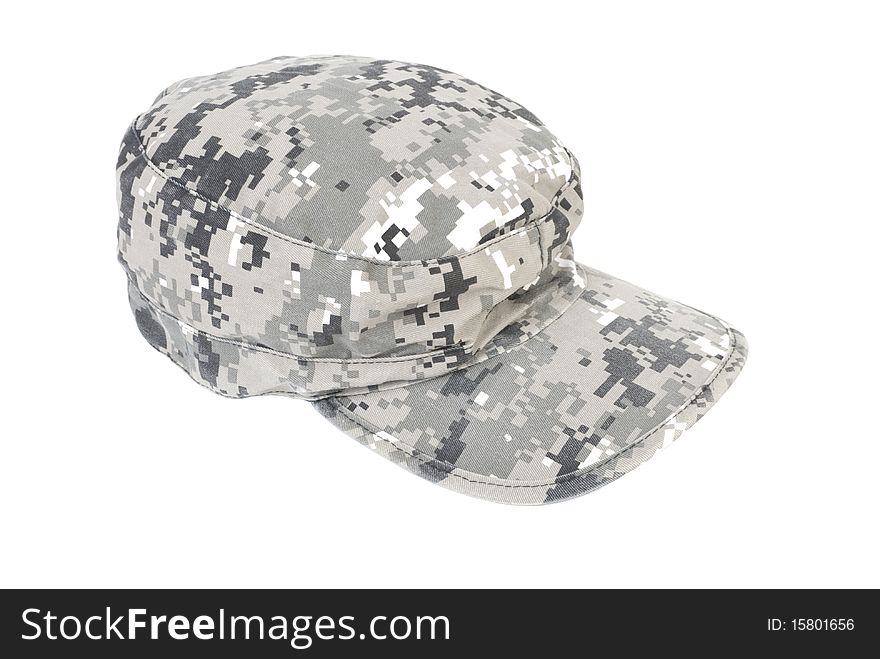 Grey camouflage military cap. Isolated on white background. Grey camouflage military cap. Isolated on white background
