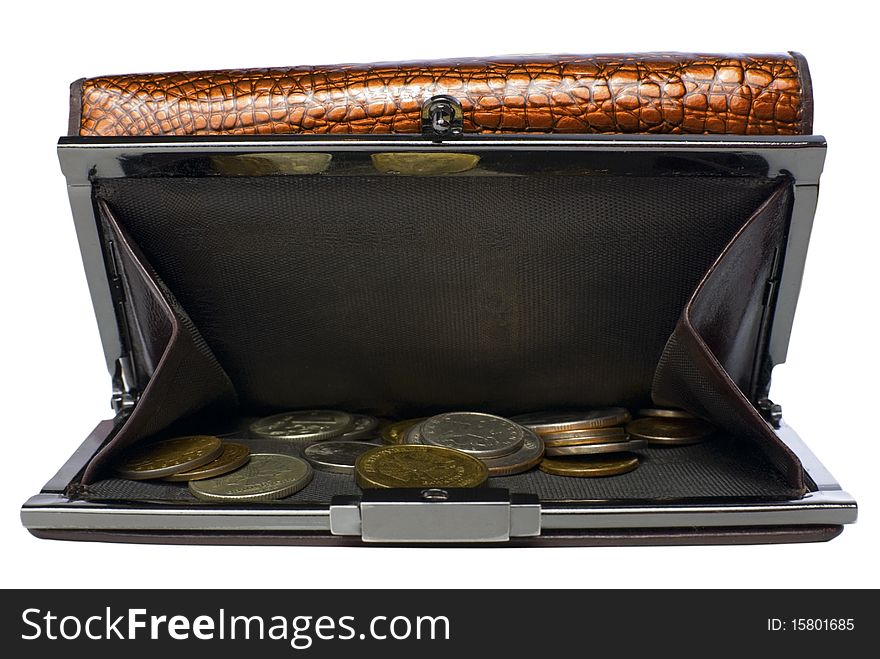 Brown leather female wallet with russian currency. Isolated on white background. Brown leather female wallet with russian currency. Isolated on white background