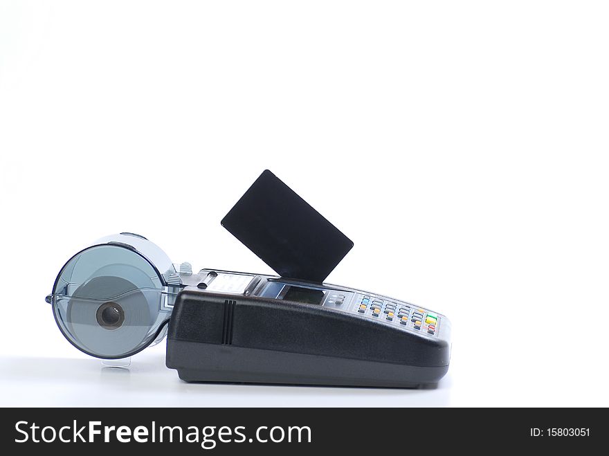 Man hand charging the blank credit card isolated on white. Man hand charging the blank credit card isolated on white