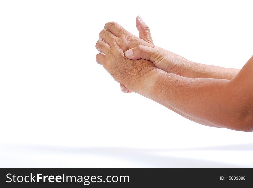 Man hand massages his hand isolated on white
