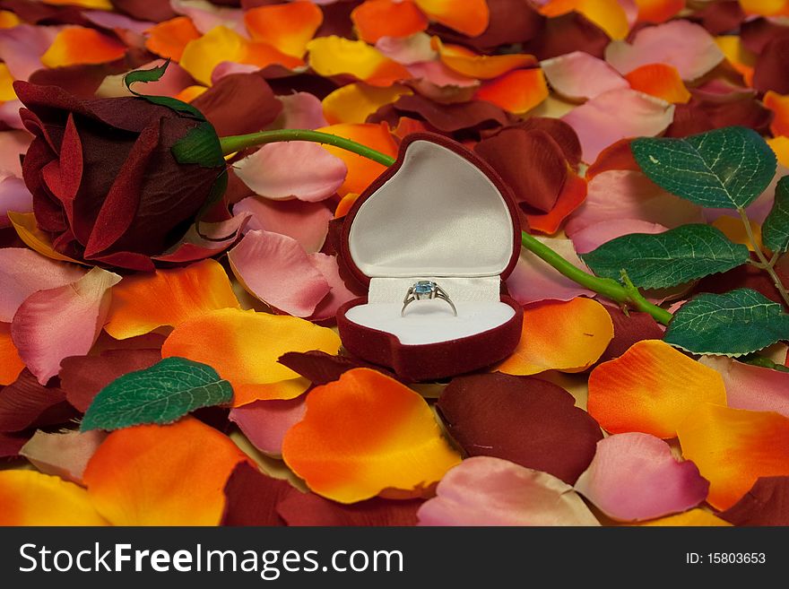 The rose petals, beautiful rose and ring with box on the table as the wedding gift.