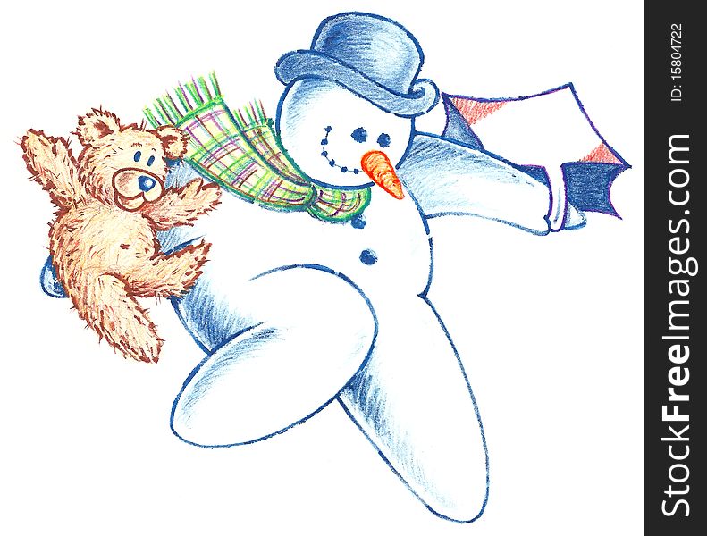 Pencil illustration of a Flying Snowman and his Bear Friend. Pencil illustration of a Flying Snowman and his Bear Friend.