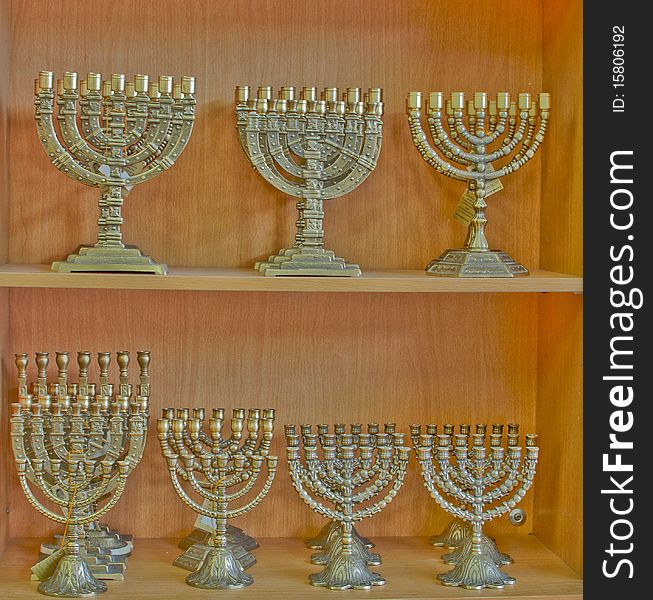 Shelves with candlesticks for the Jewish holiday of Hanukkah (minorot). Shelves with candlesticks for the Jewish holiday of Hanukkah (minorot).