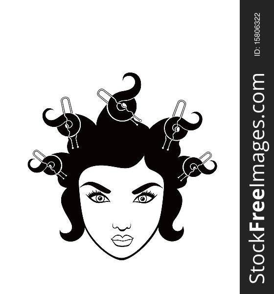 Illustration of  girl  with hairdressing accessories in her hair