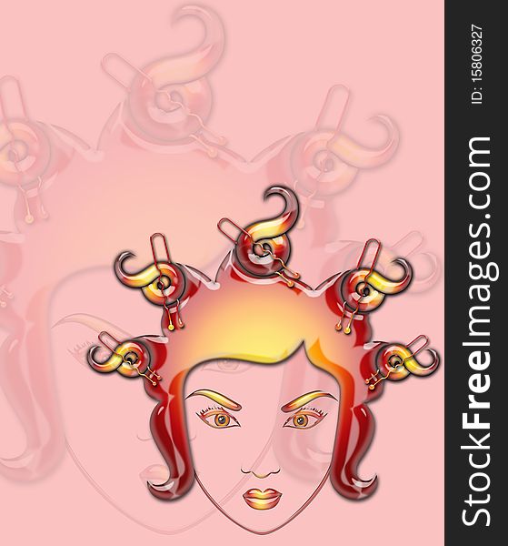 Illustration of girl with hairdressing accessories in her hair. Illustration of girl with hairdressing accessories in her hair