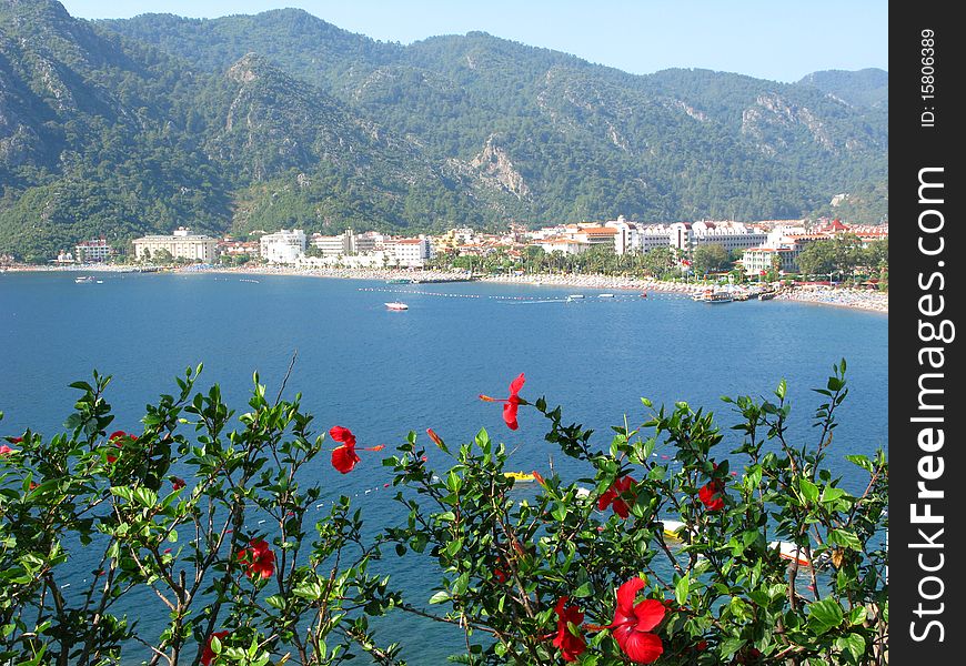 Aegean sea landscape view of coastline and mountains. Aegean sea landscape view of coastline and mountains