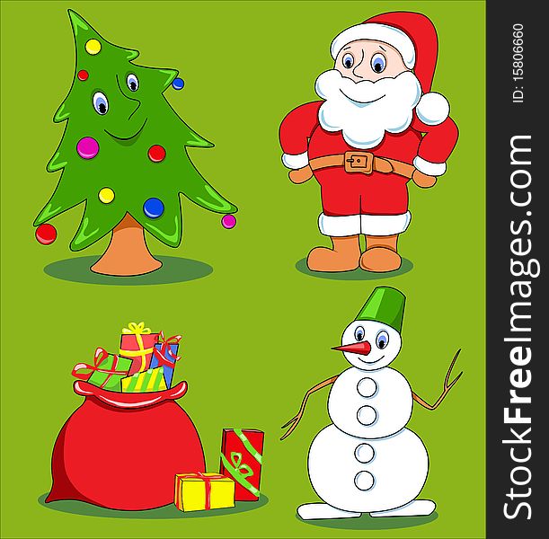 Christmas cartoon set. Santa, snowman, fur-trees and gifts.