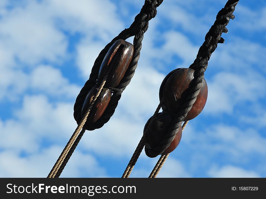 Wooden rigging block of a ship