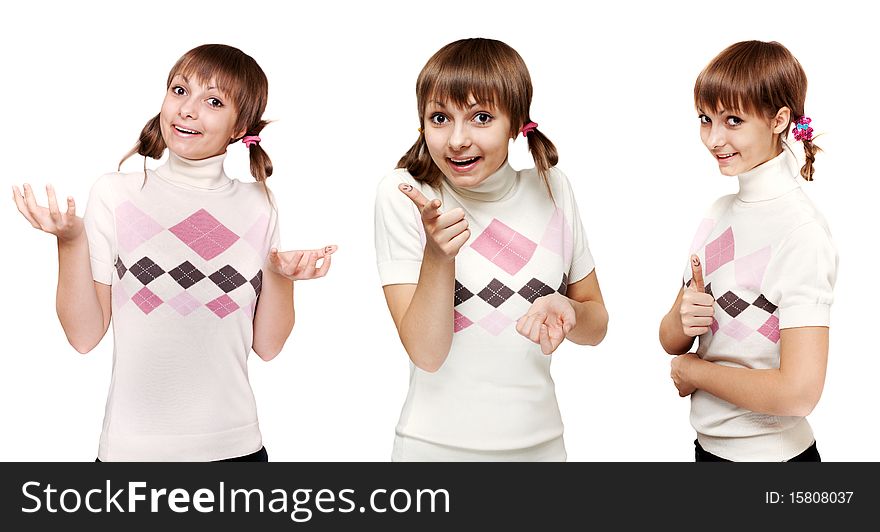 Collage young beautiful girl in light sweater