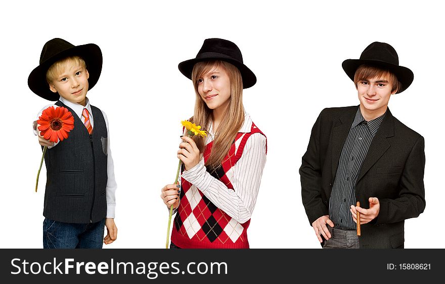 Collage portrait of the youth with cigar, girls and boy with flower on white background. Picture is formed from several photographies