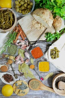 Various Mediterranean Ingredients, Herbs And Spices Stock Image