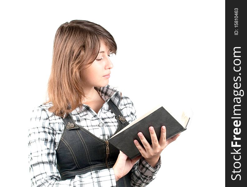 Girl with book on white background