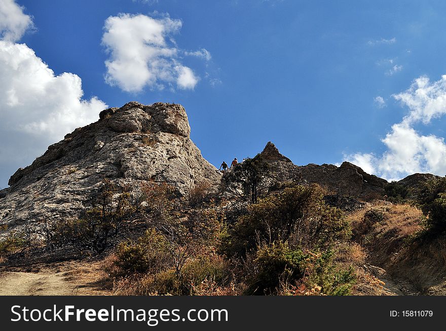 Beautiful rock in the Crimean mountains on Ukraine on a background dark blue sky