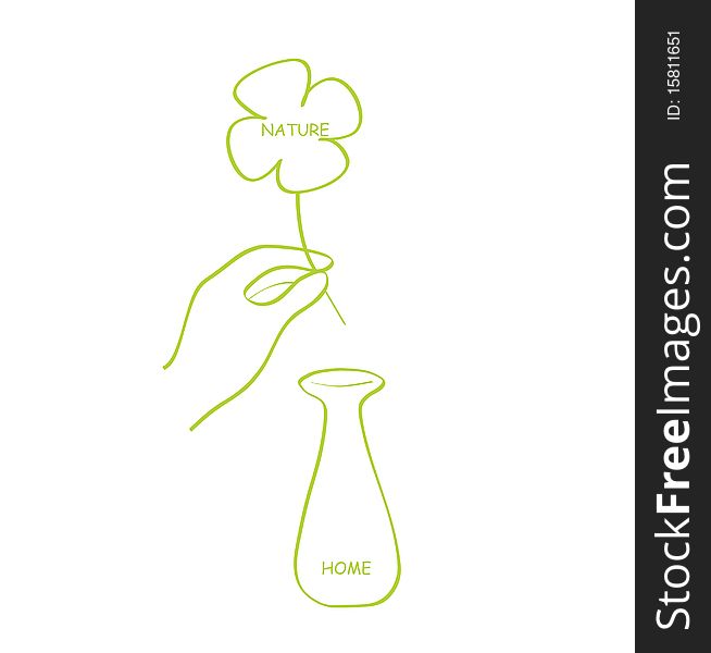 A ecological illustration shows a hand putting a clover into a bottle ,which means giving some green and nature to home. A ecological illustration shows a hand putting a clover into a bottle ,which means giving some green and nature to home