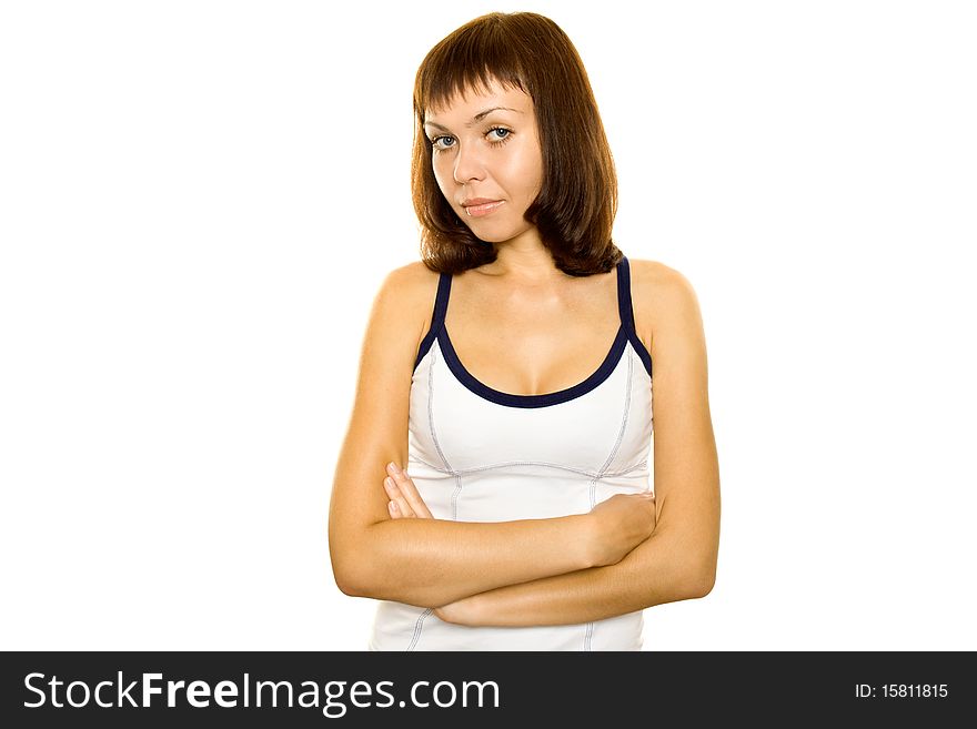 Young woman on white background. Сrossed hands