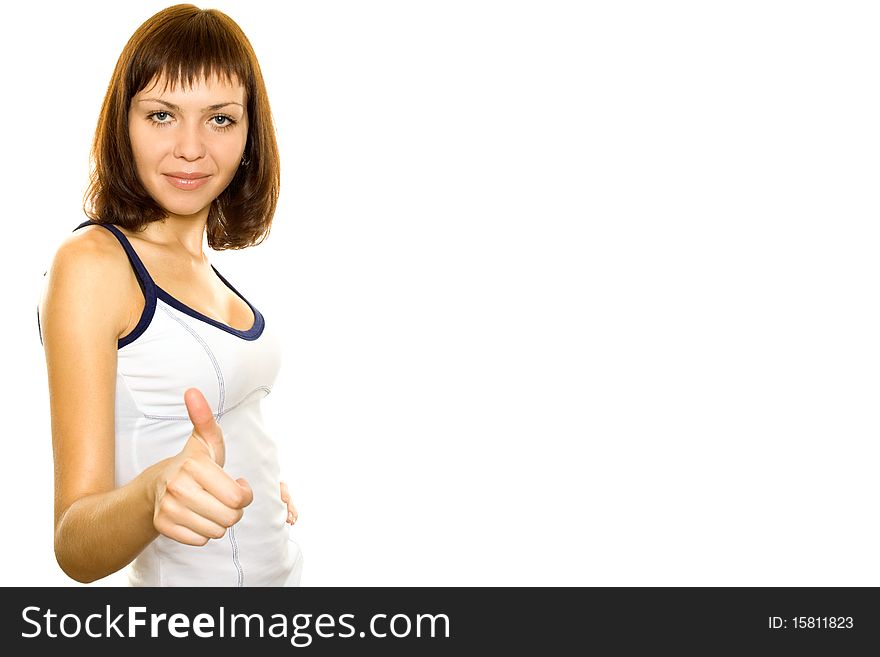 Young woman on white background. Thumb Up. Young woman on white background. Thumb Up