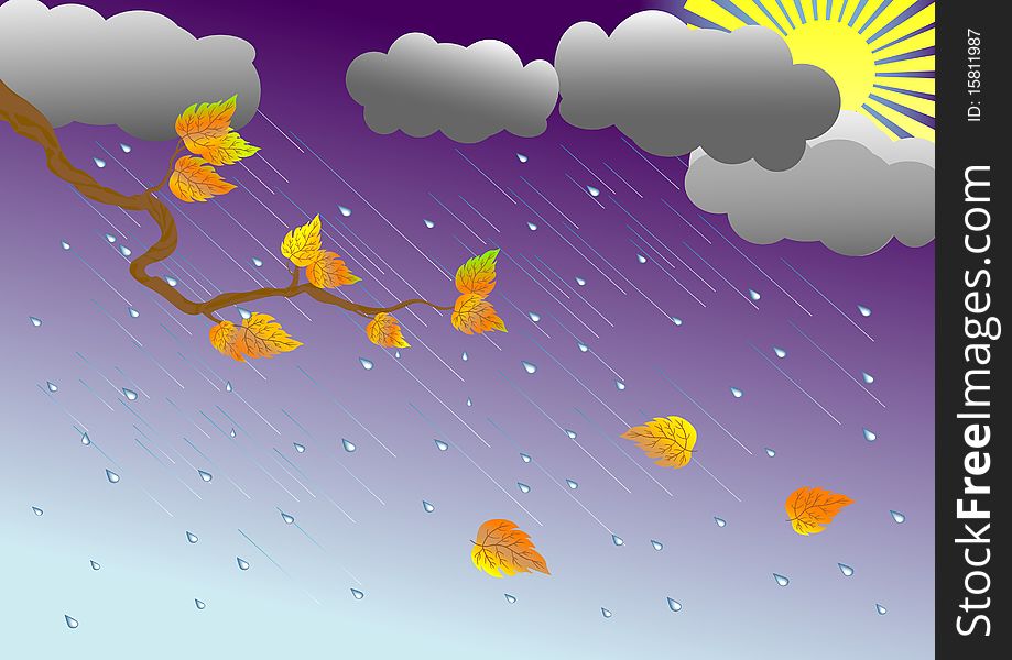 Autumn tree branch with rain from a cloud. Vector illustration. Autumn tree branch with rain from a cloud. Vector illustration.
