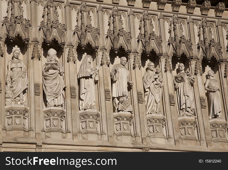 Figures on the main facade of Westminster Abbey, London. Figures on the main facade of Westminster Abbey, London