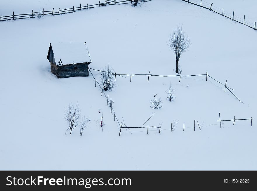 Abstract Farm in Winter landscape with snow