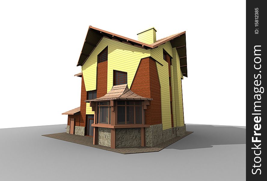 3D model of an individual modern wooden house on an abstract site.