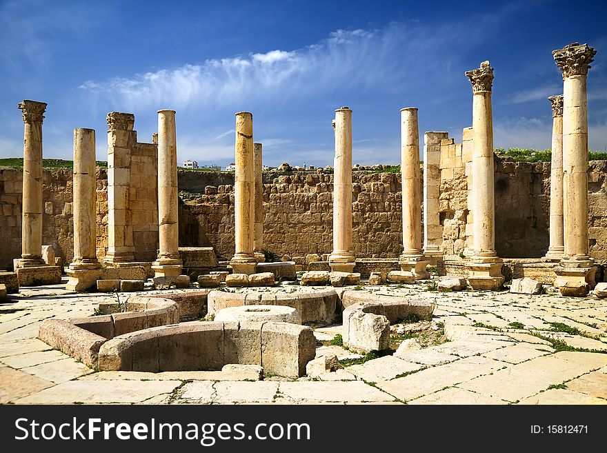 Ancient square with colomns in Jerash, Jordan