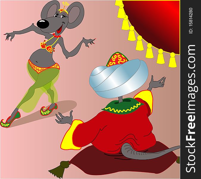 Beautiful mouse-woman dances east dance  before a khan. Beautiful mouse-woman dances east dance  before a khan