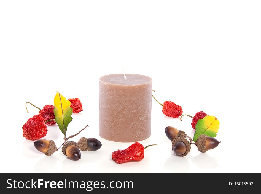 Nature decoration around a brown candle isolated on white background. Nature decoration around a brown candle isolated on white background