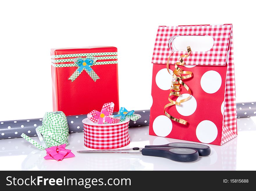 Wrapping paper bows and ribbons for decorating  the most beautiful gift isolated on white background