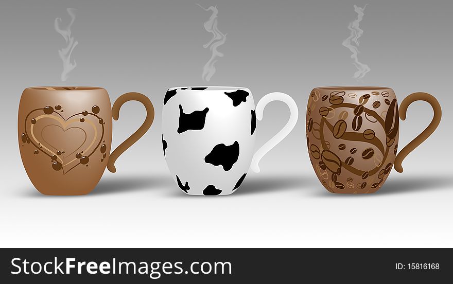 Picture of hot drinks: chocolate, milk and coffee