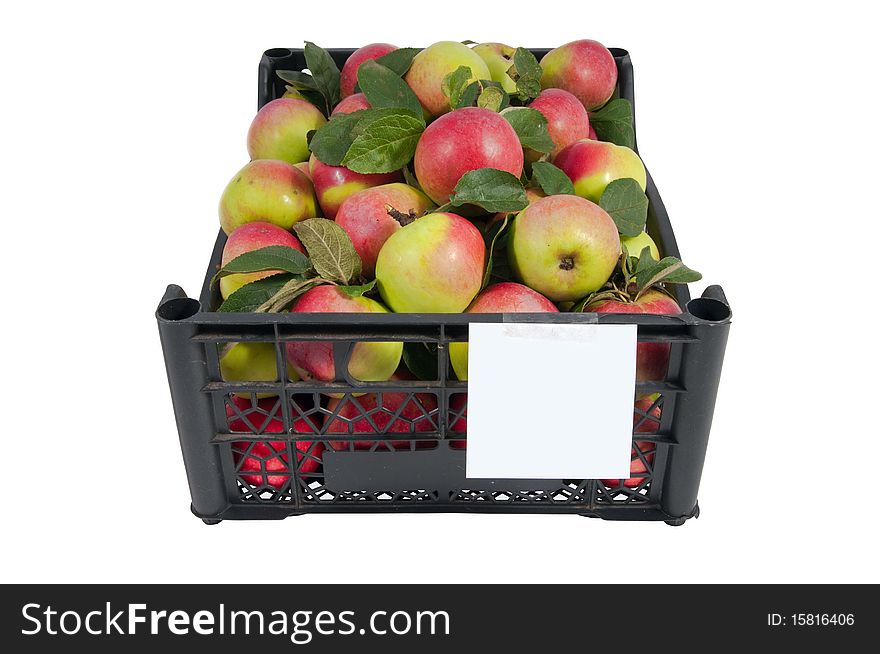 The box of absolutely natural red and green apples free of GMO pesticide herbicide bright  isolated on white. The box of absolutely natural red and green apples free of GMO pesticide herbicide bright  isolated on white