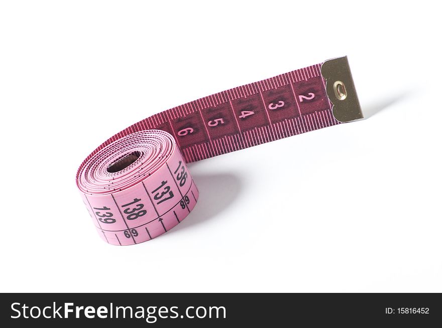 Pink tape meter isolated on the white background.