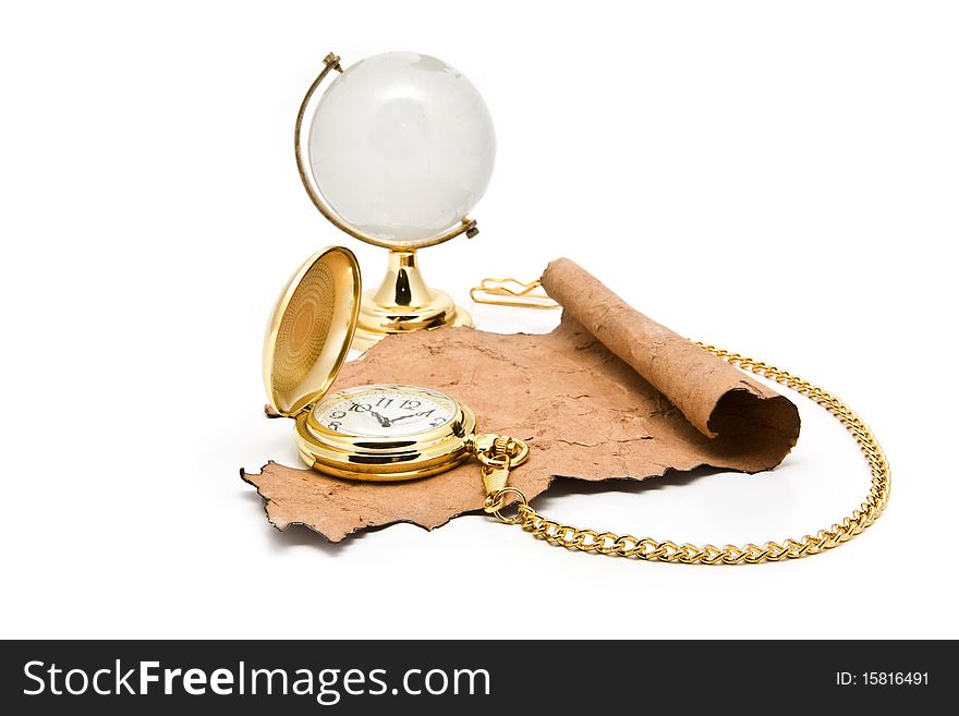 Old paper globe and clock on a white background