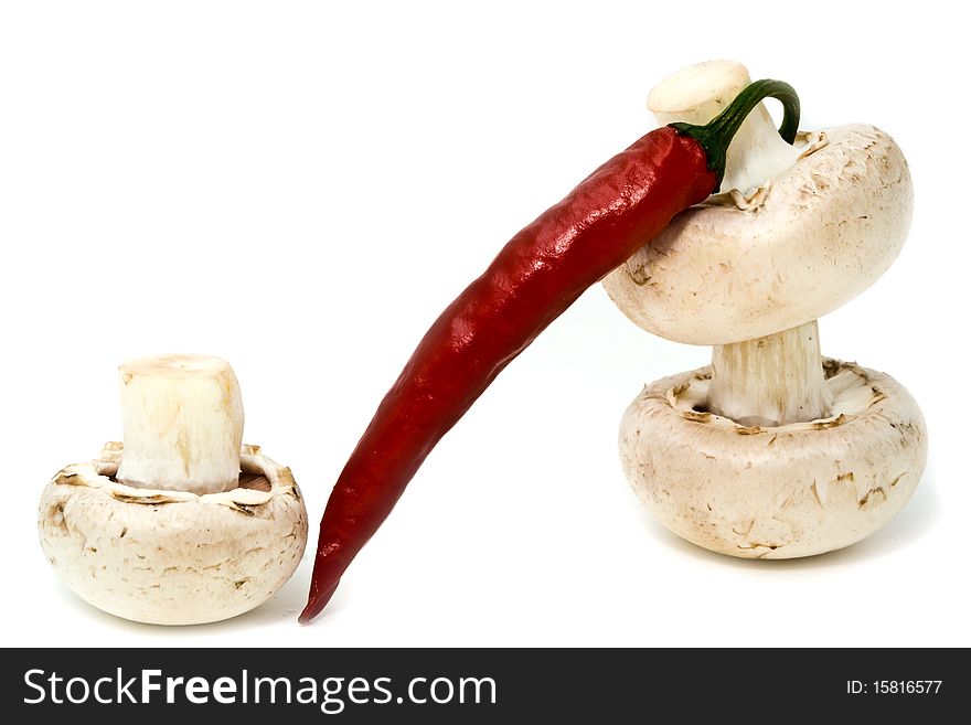 Mushrooms and pepper on a white background