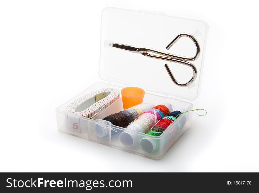 Small sewing kit in plastic box