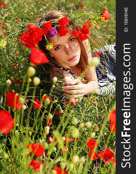 Woman And Circlet Of Flowers